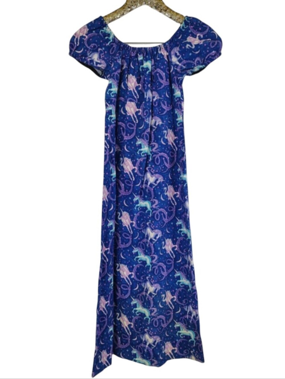 Vintage 80s Homemade Girls Purple Unicorn Maxi Dress Celestial